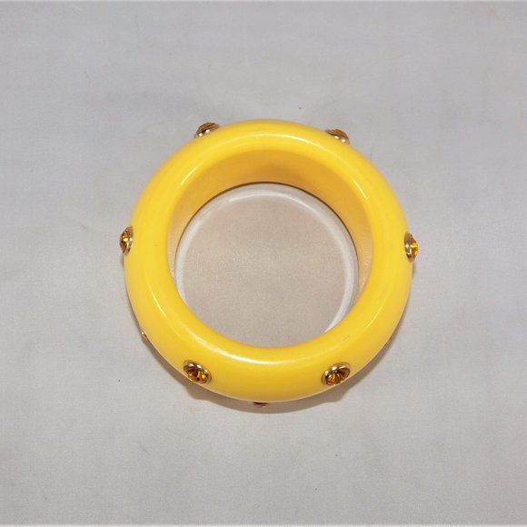 Yellow X-Wide Vintage Acrylic Bangle with Rhinestone Accents - Picture 4 of 5